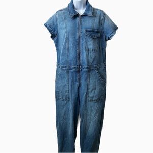 Ava & Viv,  Short Sleeve Zip Front Blue Denim Jumpsuit